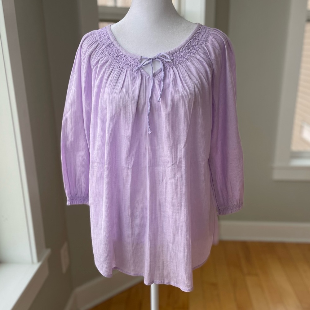 J. Jill Lilac Purple Cotton Gauze Tie Neck Blouse Short Sleeve Top XS Petite
